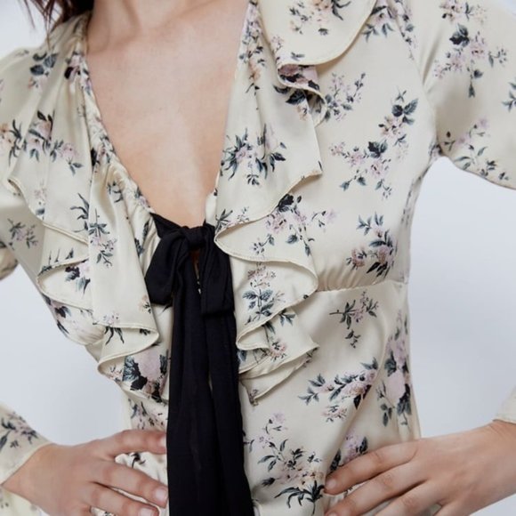 Zara Tied Floral Print Blouse S - Picture 5 of 6